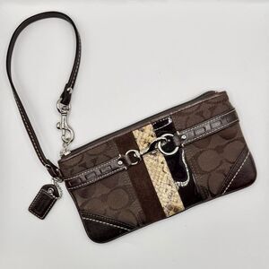 🐝 Coach Brown and Tan Monogram Wristlet Python Accent